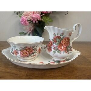 Royal Albert Centennial Rose Cream Sugar Tray Set Bone China England Floral
